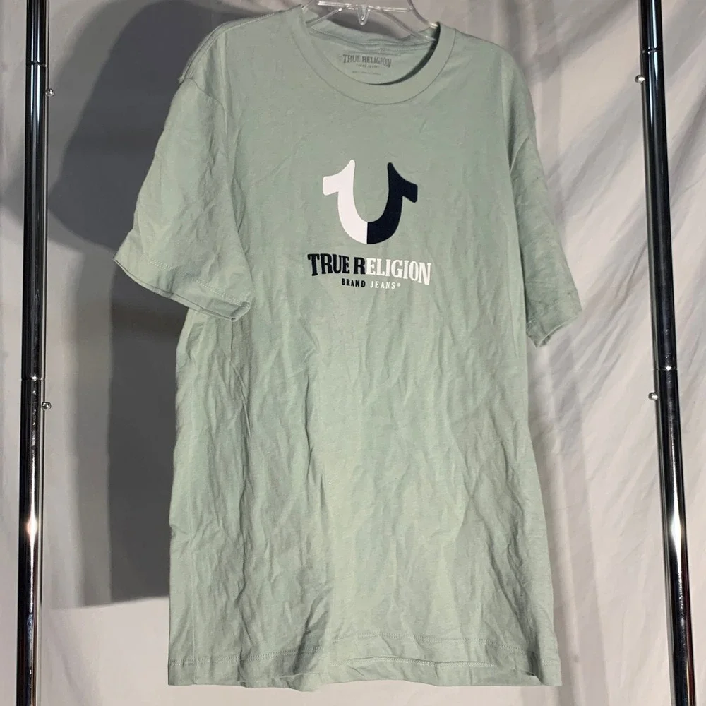 True Religion Short Sleeve 2 Tone Aqua Grey Horseshoe Logo Tee NWT Mens Medium